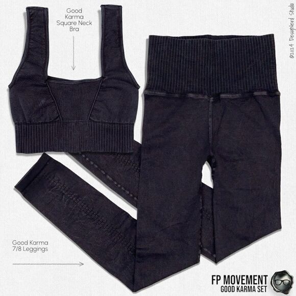FP MOVEMENT GOOD KARMA SET: SQUARE NECK BRA + 7/8 HR LEGGINGS IN WASHED BLACK - Picture 1 of 15